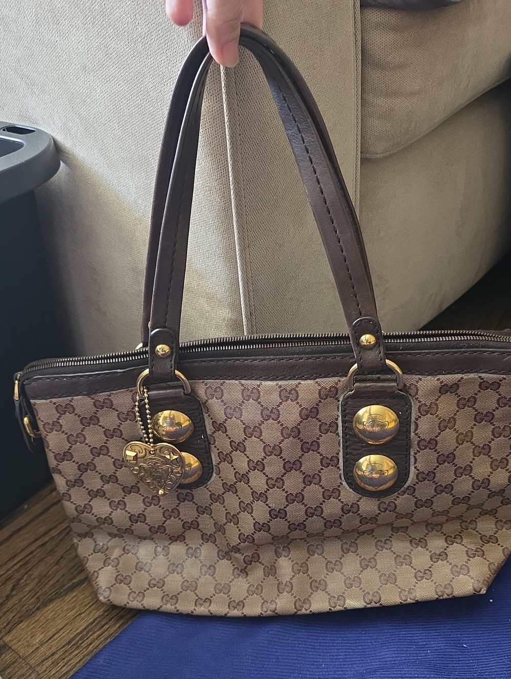 Gucci Brown GG Monogram Shoulder Bag with Dark Brown Leather